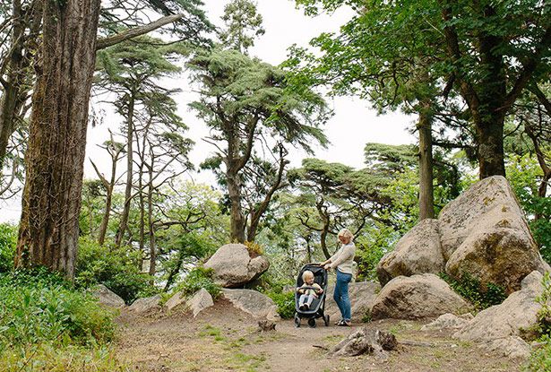 Mutter mit Kinderwagen und Baby im Wald
